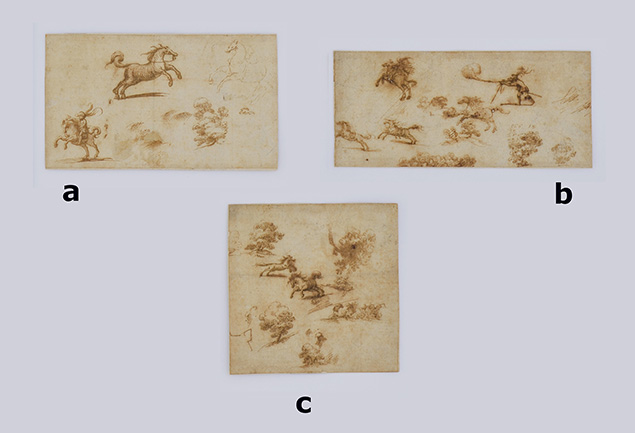 THREE SMALL DRAWINGS WITH SKETCHES OF HORSES, BUSHES AND A RIFLEMAN 