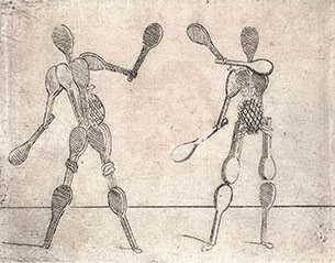 TWO HUMAN FIGURES MADE UP OF RACKETS AND BAGS OF BALLS